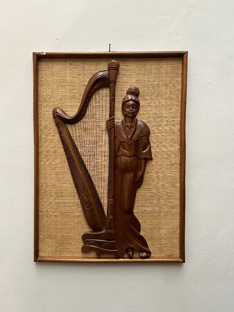 Vintage wanddecoratie, dame met harp, houtsnijwerk, Ophalen, Gebruikt