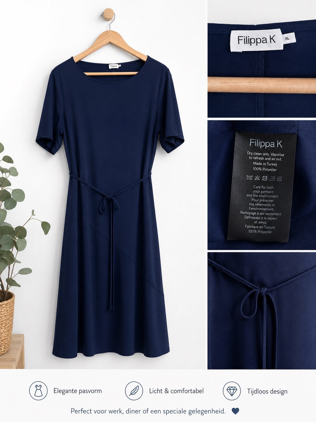 Filippa K Donkerblauwe Jurk met Strikceintuur, Blauw, Maat 46/48 (XL) of groter, Ophalen of Verzenden, Zo goed als nieuw