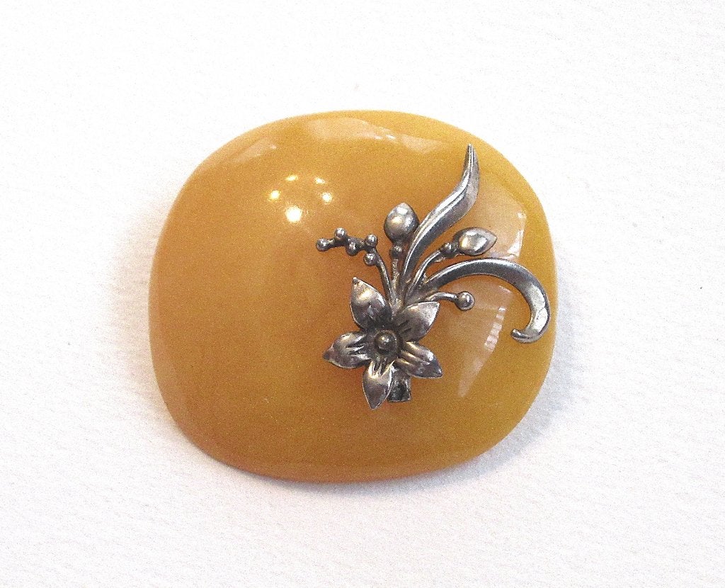 Vintage Baltisch Amber met 875zilver decor Sovjet broche '70, Ophalen of Verzenden, Zilver, Broche, Met edelsteen