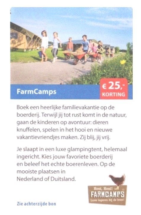 FarmCamps €25,- korting, Tickets en Kaartjes, Drie personen of meer, Kortingsbon, Overige typen