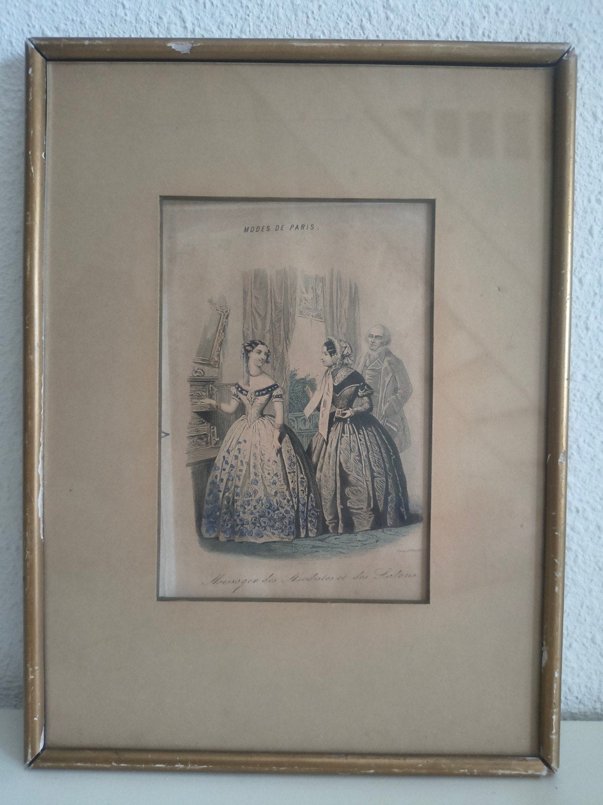 Antieke Modeprent 'Modes de Paris' - Handgekleurd, 28 cm, 1800 - 1899, Ingelijst, Mode