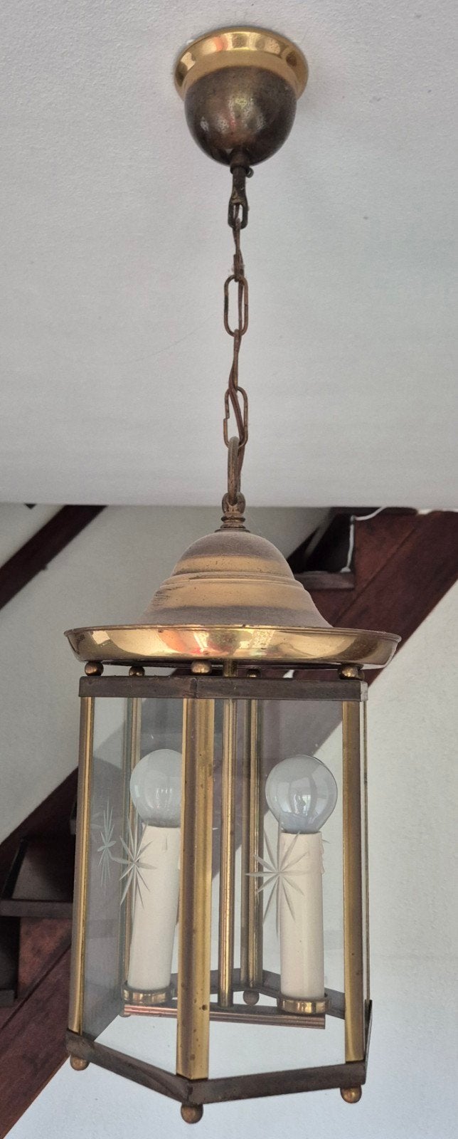 Antieke Arts & Crafts messing hanglamp, Ophalen, Gebruikt, Glas