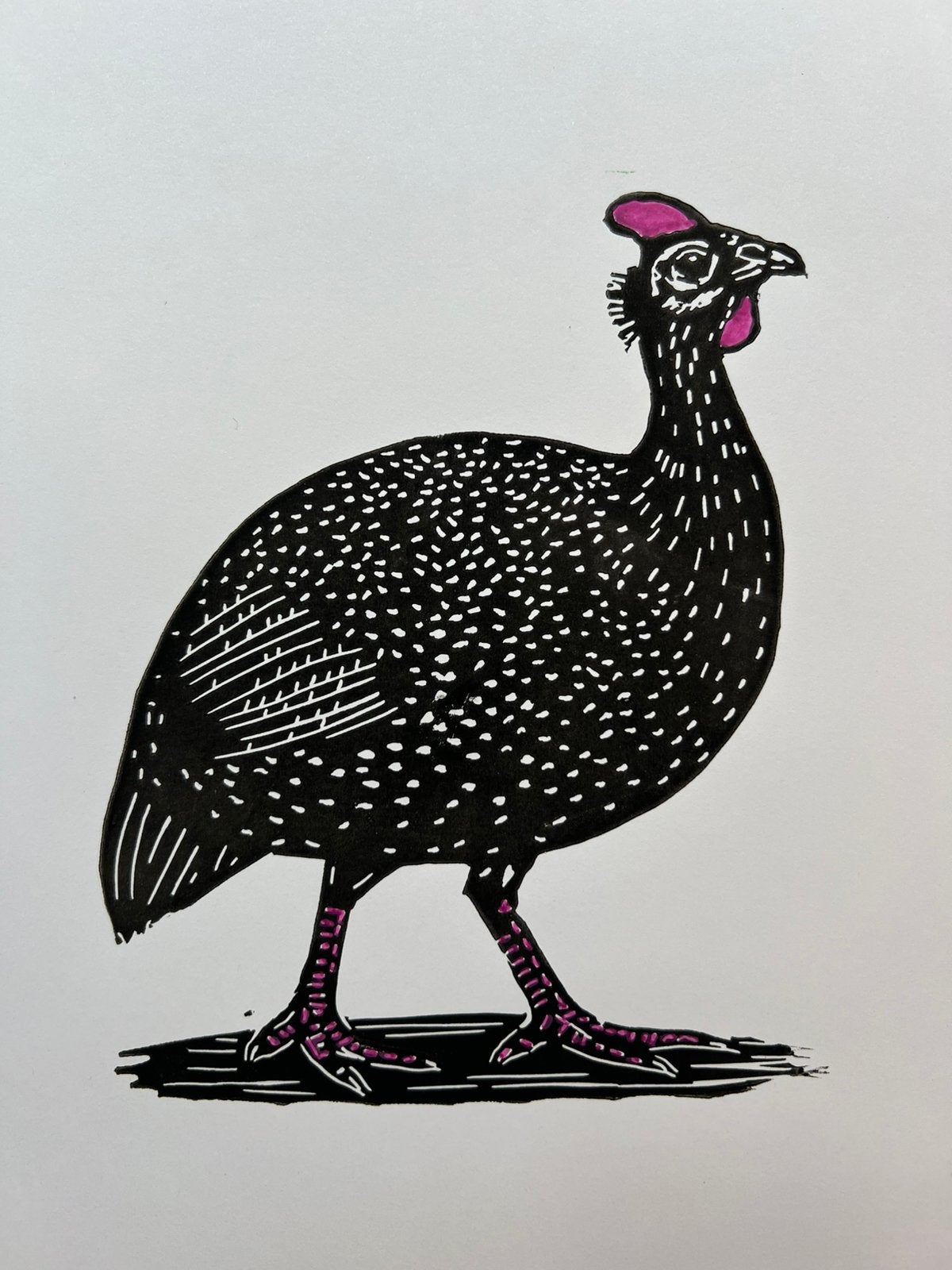 Linosnede handgemaakt “parelhoen”, 2000 tot heden, 28 cm, Verzenden, Overige technieken