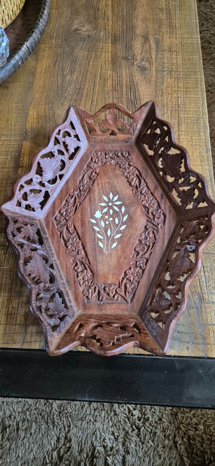 Vintage Handgesneden Houten Schaal India - Exotische Deco, Ophalen of Verzenden