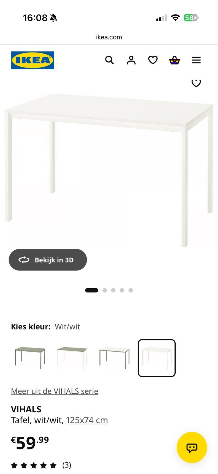 IKEA VIHALS Tafel, wit/wit, 125x74 cm, Ophalen, Gebruikt, 100 tot 150 cm, 50 tot 100 cm