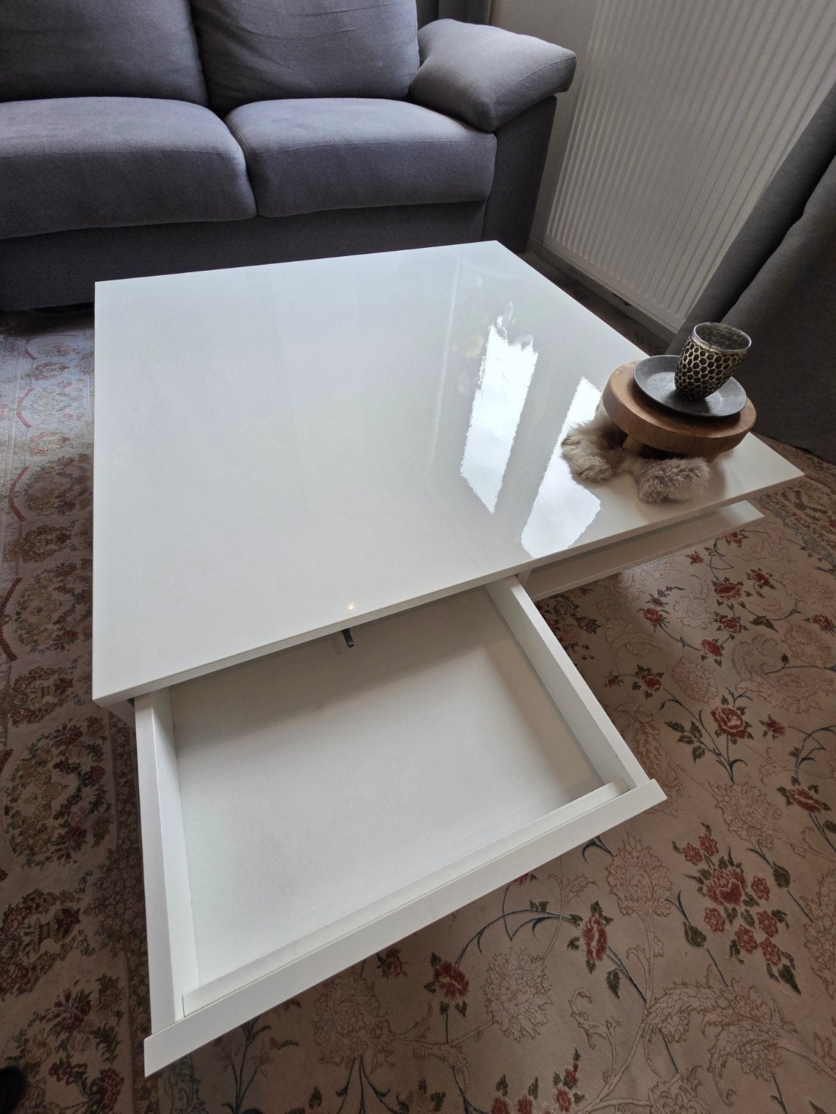 IKEA TOFTERYD salontafel hoogglans wit 95x95 — met 2 lades, Gebruikt, 100 tot 150 cm, Overige materialen, Modern
