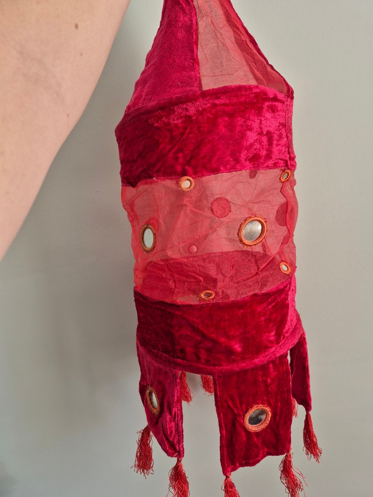 Oosterse Indiase lamp / kap - Rood fluweel met spiegeltjes, Ophalen of Verzenden, Zo goed als nieuw