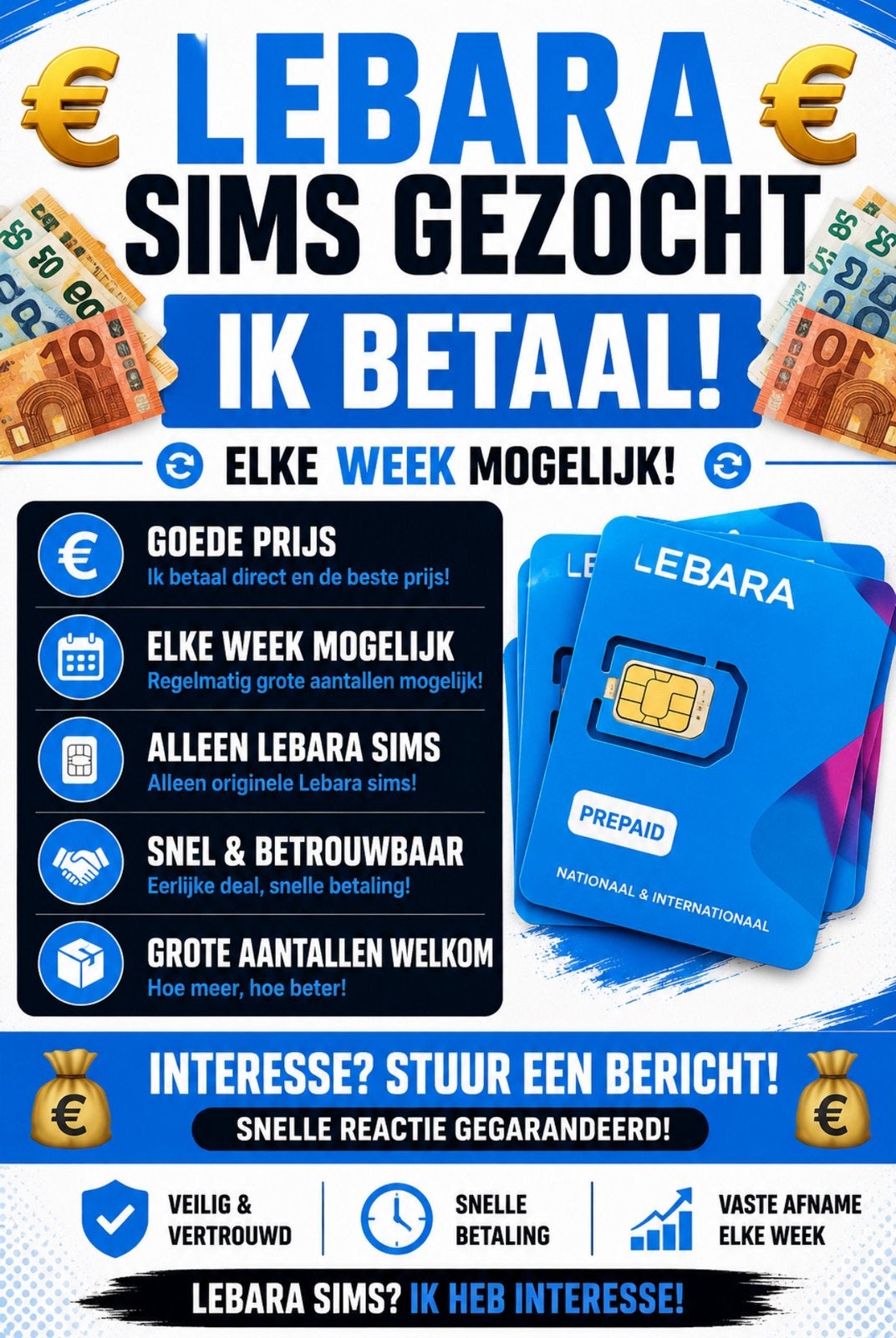 Lebara GEZOCHT! LEBARA GEZOCHT! GEZOCHT! ik BETAAL! GEZOCHT!, Telecommunicatie, Prepaidkaarten en Simkaarten, Ophalen of Verzenden