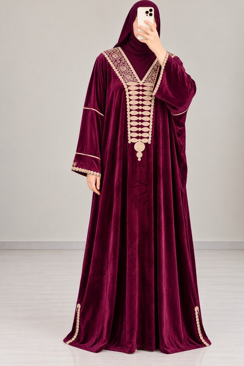 Luxe fluwelen kaftan - Dieppaars met gouden borduursels, Overige typen, Paars, Maat 46/48 (XL) of groter, Nieuw