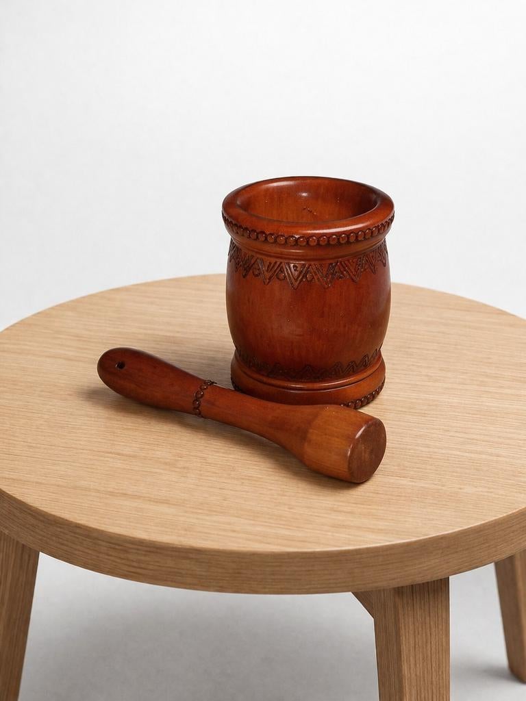Vintage houten vijzel met stamper - Handgesneden, Ophalen of Verzenden
