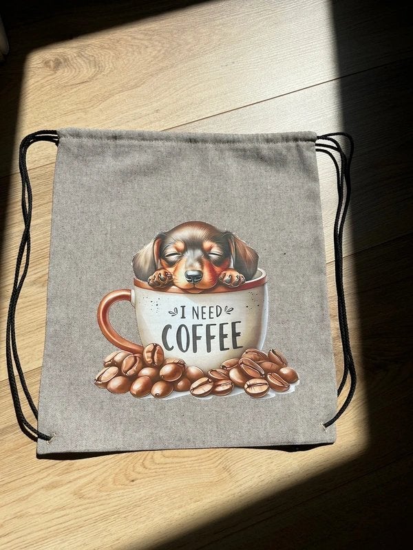 Linnenlook Gymtas / Rugzak Teckel – I need COFFEE, Overige merken, 25 tot 40 cm, Nieuw, Ophalen of Verzenden