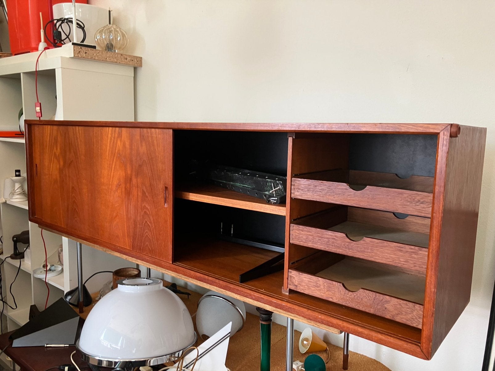 Vintage teakhouten zwevend wandmeubel Poul Cadovius, Ophalen, Gebruikt, 150 tot 200 cm, Minder dan 100 cm
