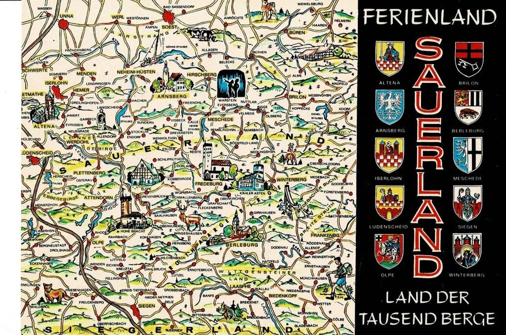 Oude kaart Sauerland - Ferienland - Land der Tausend Berge, Verzamelen, Ophalen of Verzenden, 1960 tot 1980, Ongelopen, Duitsland