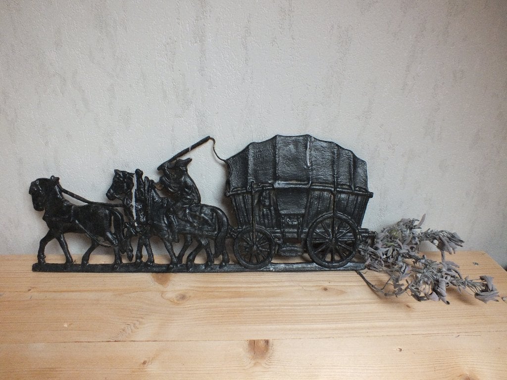 gietijzeren plaat huifkar met paarden wanddecoratie, farmer, Ophalen, Gebruikt