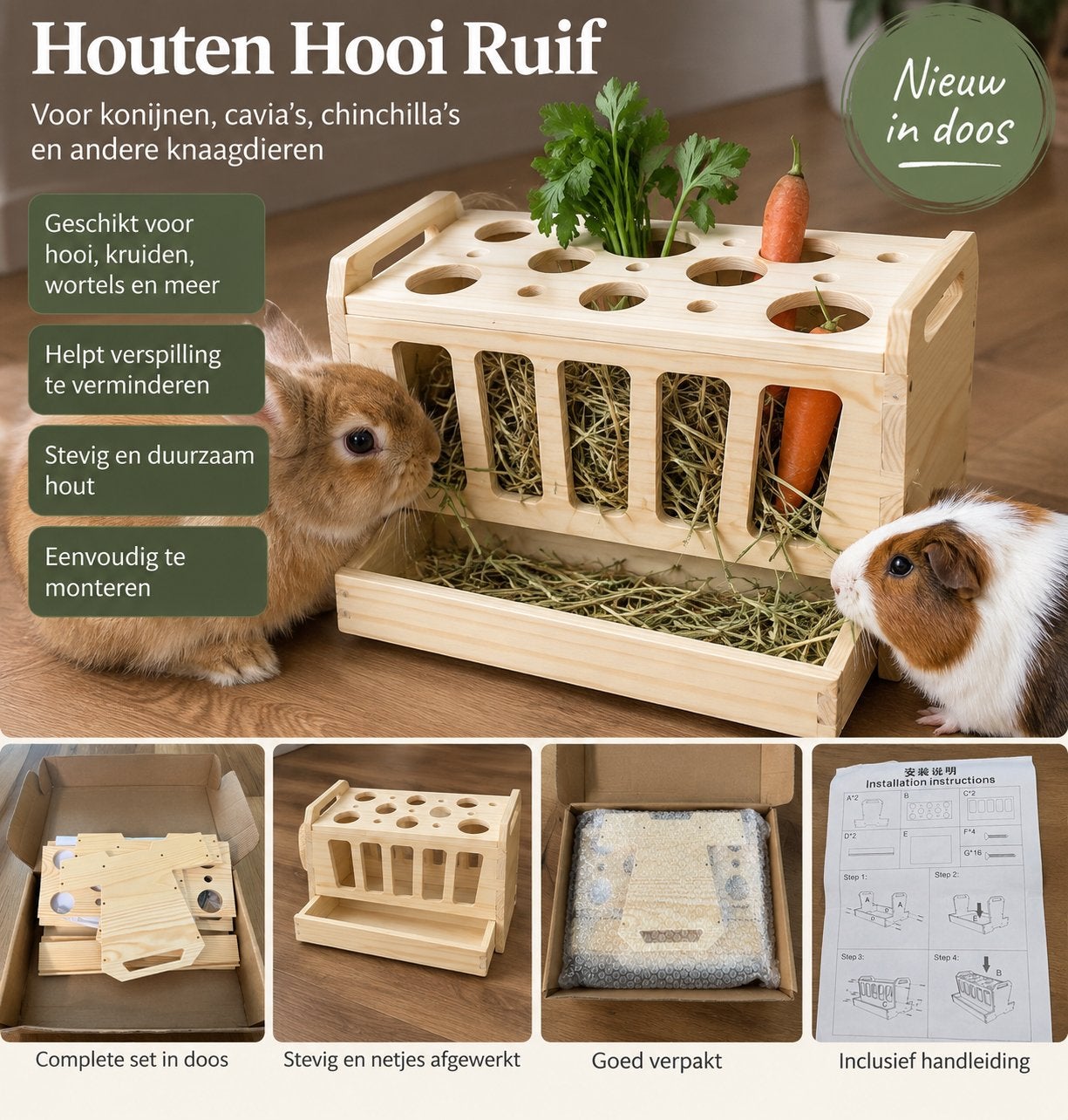 Nieuwe houten hooiruif/voerbak konijn, cavia en knaagdieren, Minder dan 60 cm, Kooi, 110 cm of meer, Verzenden