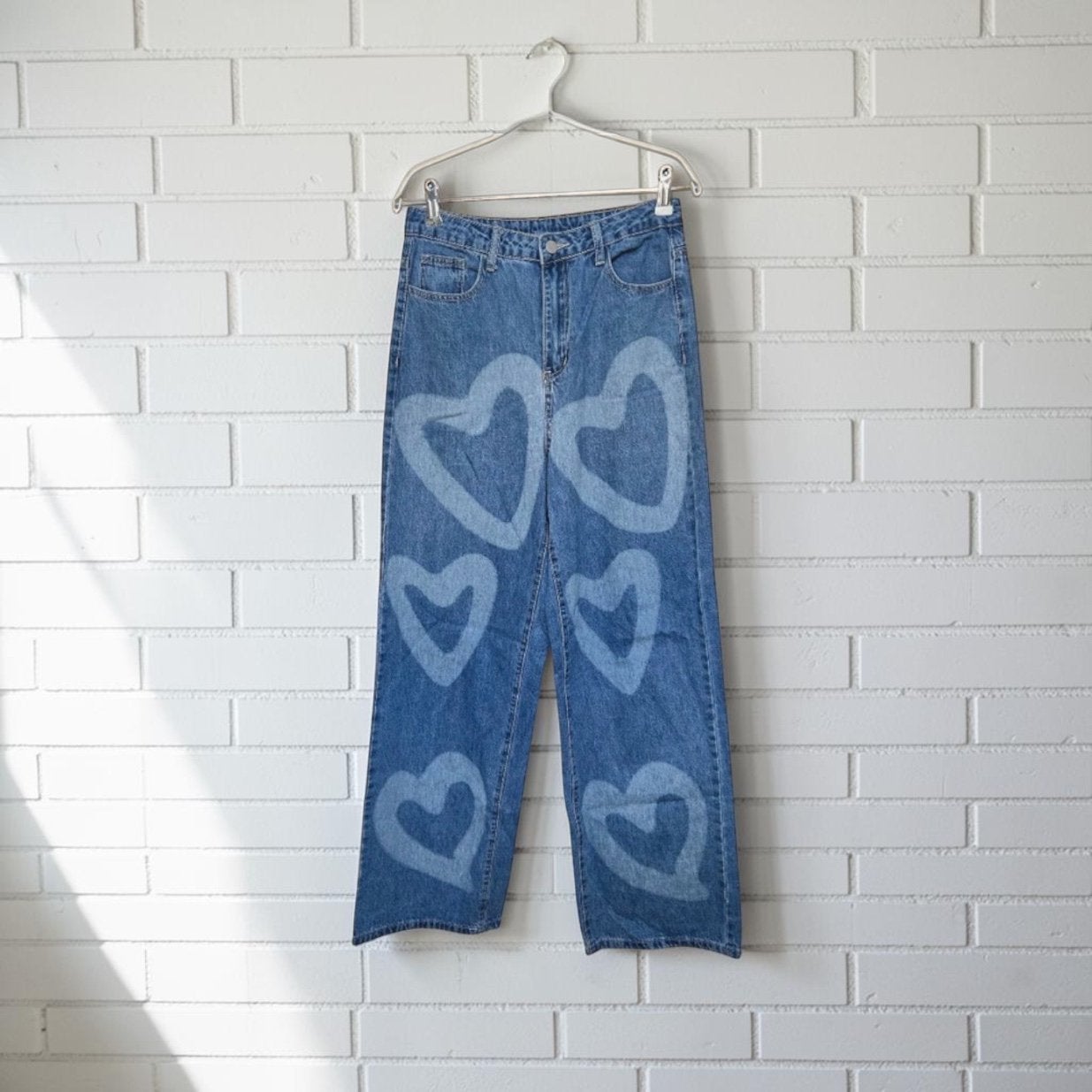 Shein Jeans Maat S Blauw Harten Print High Waist Wide Leg, S, Zo goed als nieuw, S, Verzenden