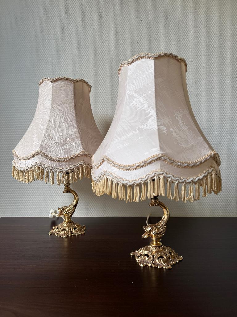 Unieke Set Vintage Visvoet Tafellampen met Brocante Kap, Antiek en Kunst, Antiek | Lampen, Ophalen of Verzenden