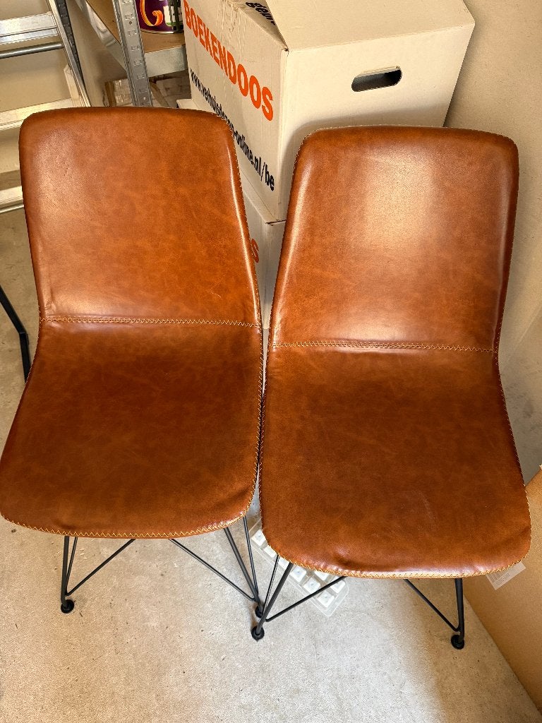 Eettafel stoelen - Leer - Cognac - 2 stuks, Ophalen, Gebruikt, Twee, Bruin
