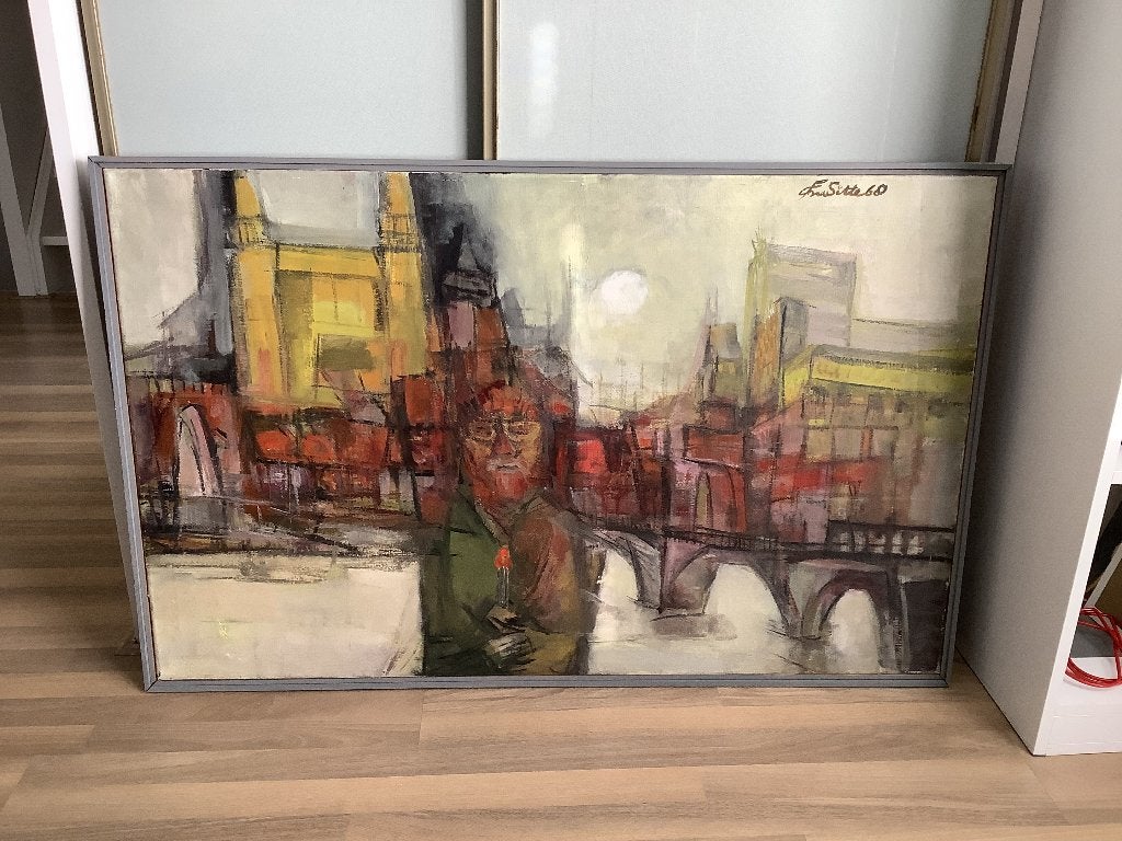 Groot olieverf schilderij, Olieverf, Overige materialen, Stadsgezicht, Gesigneerd