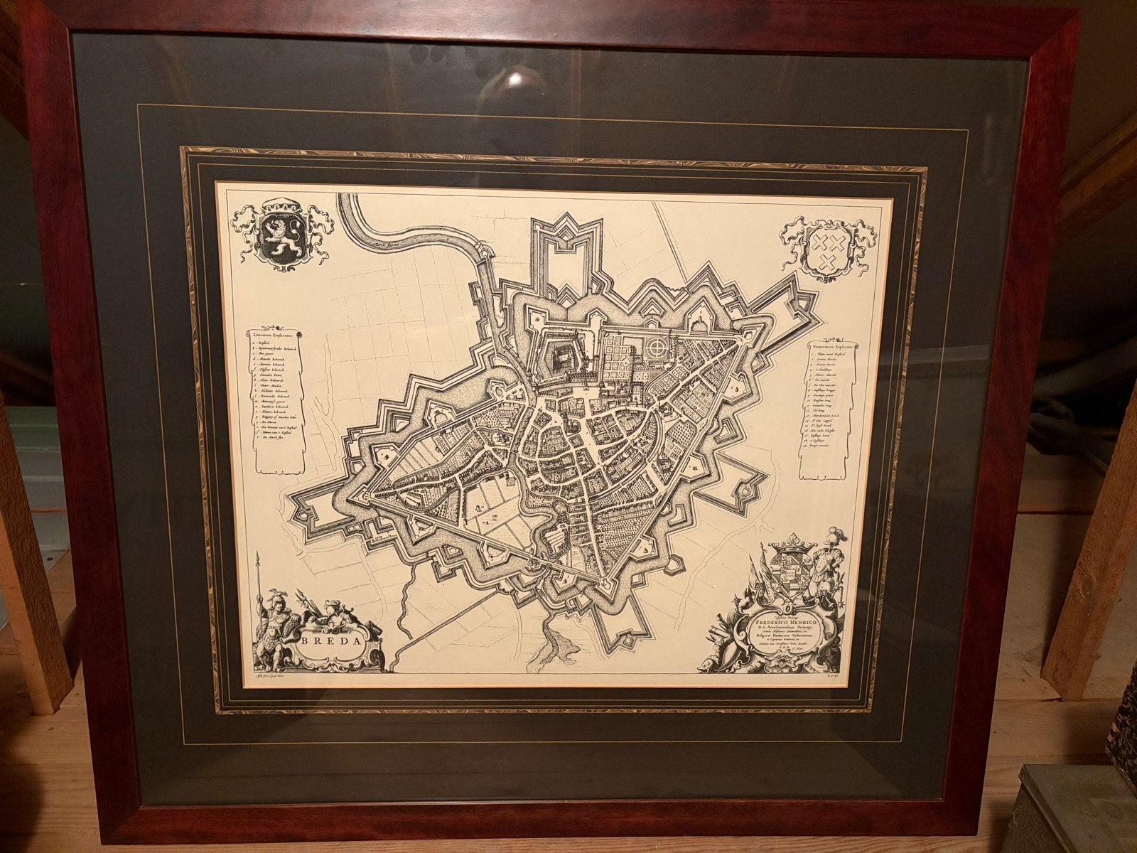 Historische kaart Breda, ingelijst, Antiek en Kunst, Ophalen, Ingelijst, Cartografie, 86 cm