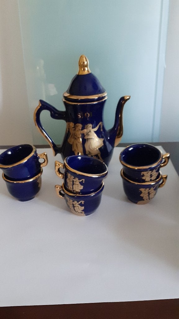 Vintage Side  Koffiepot met Kopjes - Goudkleurig Decor, Ophalen of Verzenden