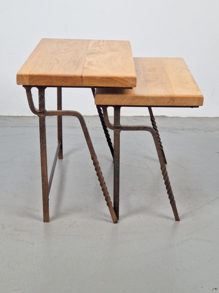 Brutalist 2 bijzettafel nesting mimi set eik iron ‘70 France, 45 tot 60 cm, Minder dan 55 cm, N, Metaal of Aluminium