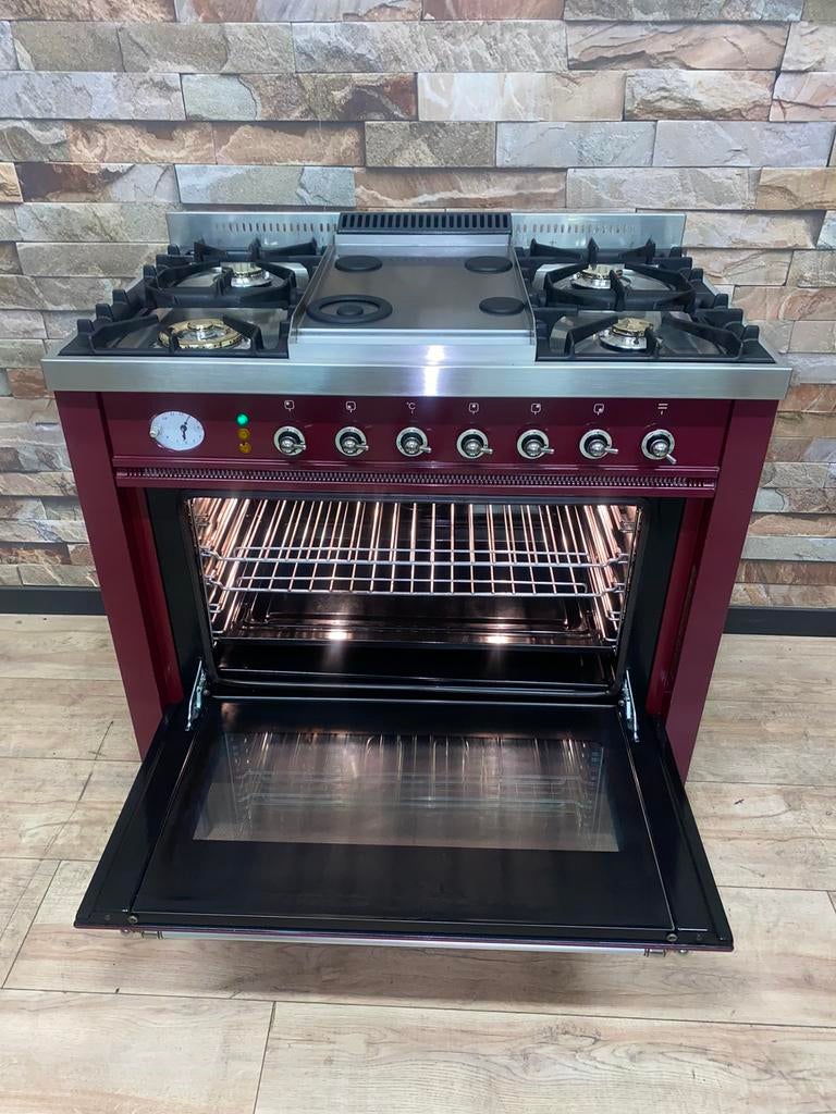 Luxe Bordeaux rode Boretti 5 pits met Frytop 90 cm, Witgoed en Apparatuur, 60 cm of meer, Ophalen of Verzenden, Zo goed als nieuw