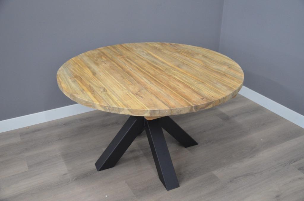 Ronde teak eettafel 130 cm doorsnede licht geborsteld, Nieuw, Ophalen of Verzenden, 100 tot 150 cm, 100 tot 150 cm