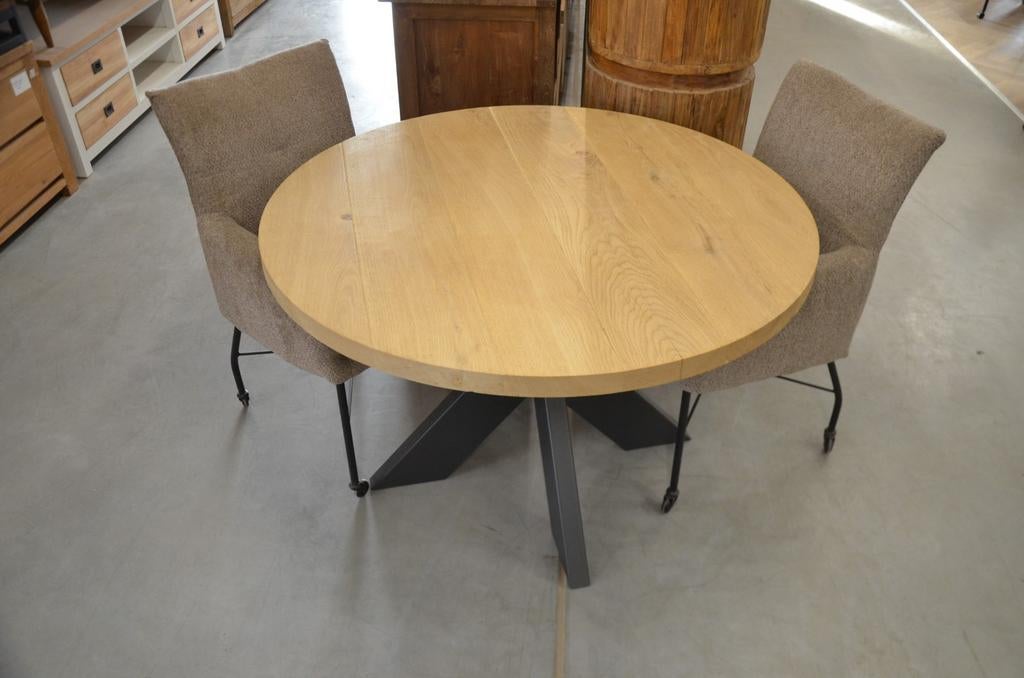 Ronde eiken tafel met metalen spinpoot 120 cm, Huis en Inrichting, Nieuw, Ophalen of Verzenden, Vier personen, 100 tot 150 cm