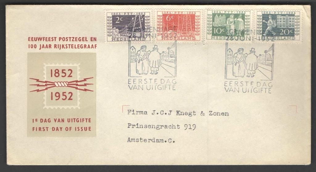Nederland FDC E10 Met Adres 100 jaar postzegels 1952, Postzegels en Munten, Postzegels | Eerstedagenveloppen, Ophalen of Verzenden