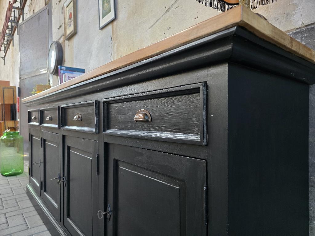 XL Zwart Houten Dressoir | Vintage Grote Lage Kast Landelijk, Gebruikt, Met deur(en), Teakhout, Ophalen of Verzenden