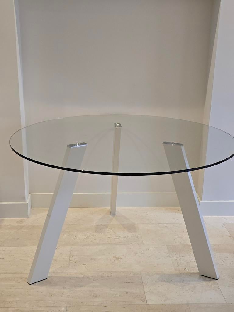 Made Ronde glazen eettafel 130cm met 2 sets poten, Ophalen, Rond, Zo goed als nieuw, Glas