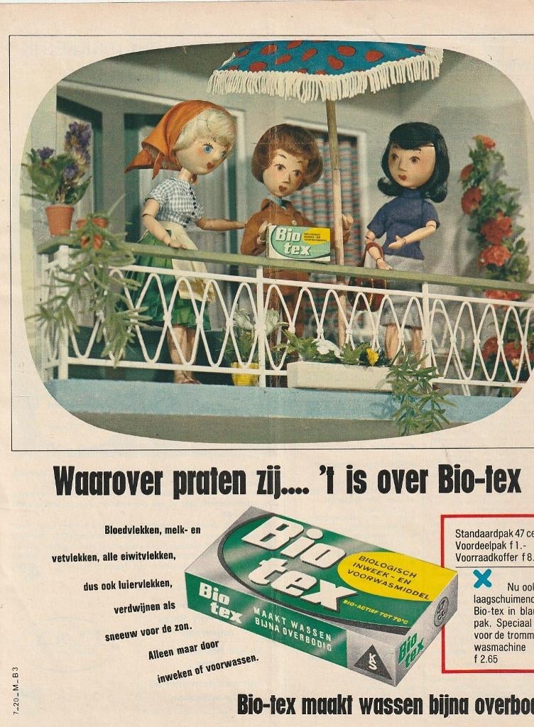 Retro reclame 1967 Biotex wasmiddel poppetjes op balkon, Verzamelen, Verzenden, Overige typen