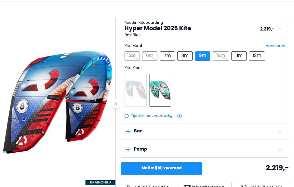 Reedin Hypermodel kiteset 8 + 9 + 11m2 + Dreamstick bar, Watersport en Boten, Kitesurfen, Kitesurf-set, 9 m², Geen board, Ophalen of Verzenden