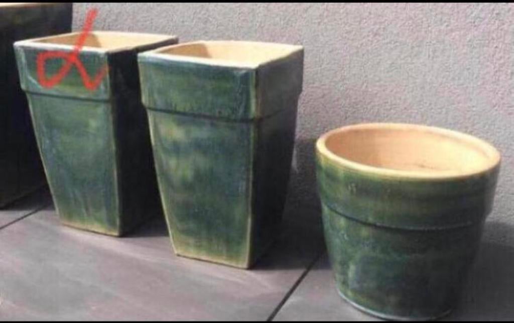Grote hoge vintage stenen bloempotten groen geglazuurde pot, 25 tot 40 cm, Ophalen of Verzenden, Zo goed als nieuw, Minder dan 40 cm