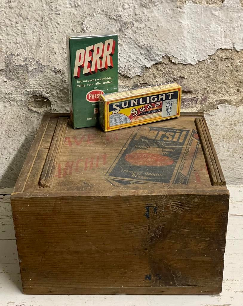 Brocante oud kistje Persil Sunlight met schuif deksel, Antiek en Kunst, Ophalen of Verzenden