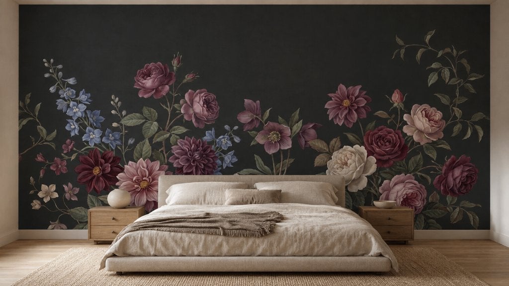 Bloemen behang – donker boeket in bordeaux en oudroze, Bloemen, Overige merken, Ophalen of Verzenden, Fotobehang