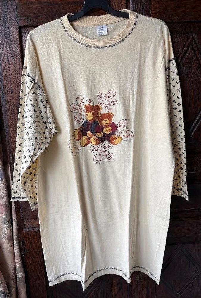 Geel katoenen nachthemd met beertjes en lange mouw; L/ XL, Ophalen of Verzenden, Zo goed als nieuw, Maat 46/48 (XL) of groter