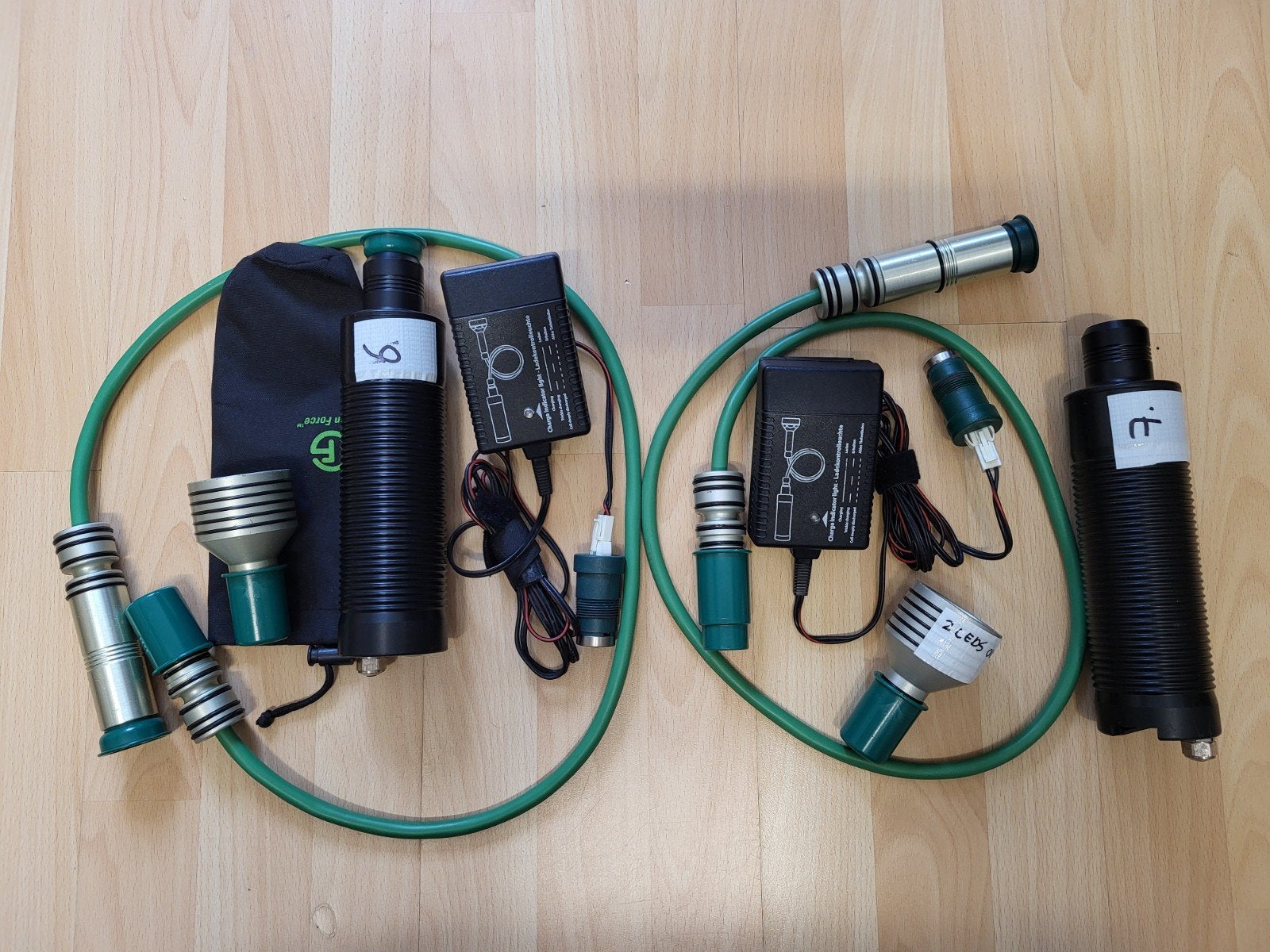 2x Greenforce duiklamp set met 1 Tristar kop, Watersport en Boten, Ophalen of Verzenden, Gebruikt, Duiklamp