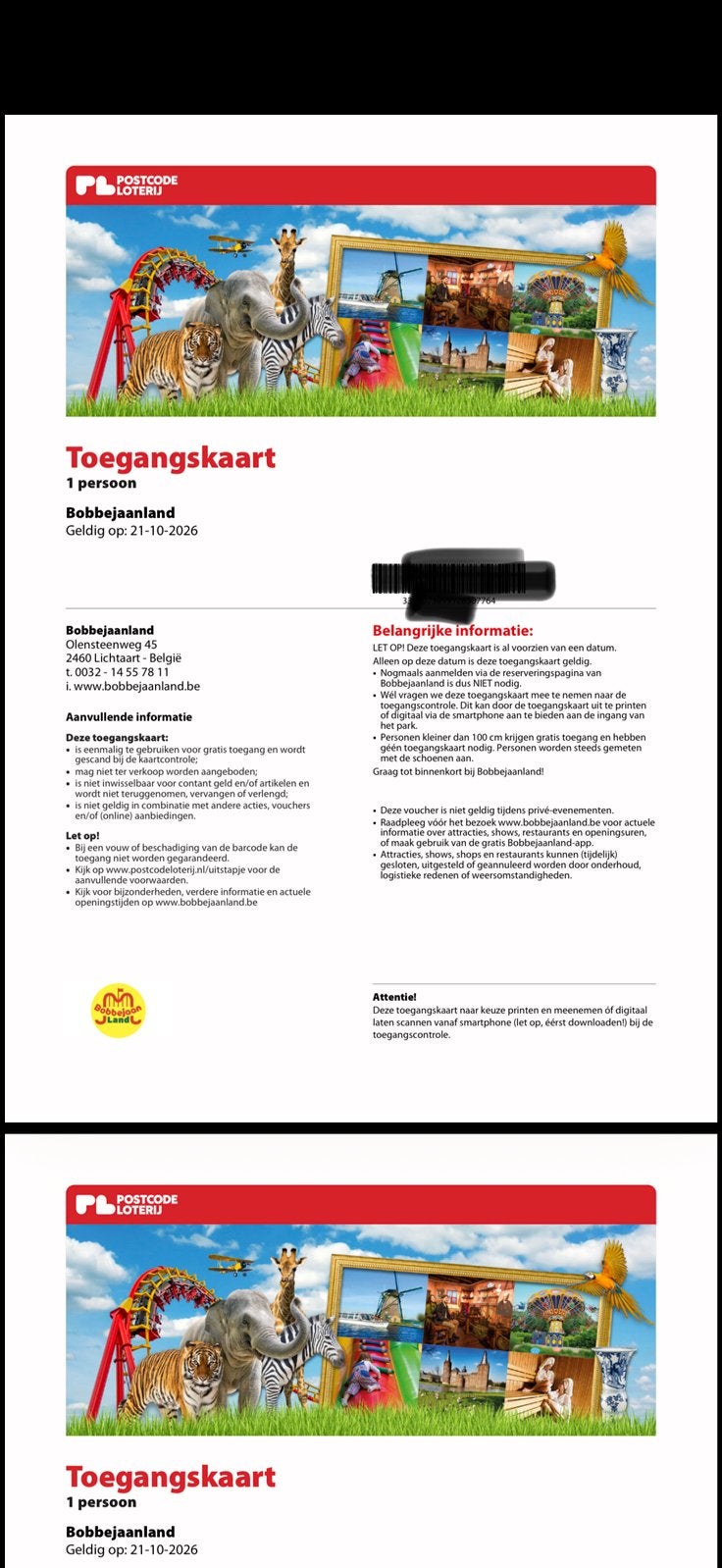 4 toegangskaarten Bobbejaanland geldig op 21 oktober, Twee personen, Ticket of Toegangskaart