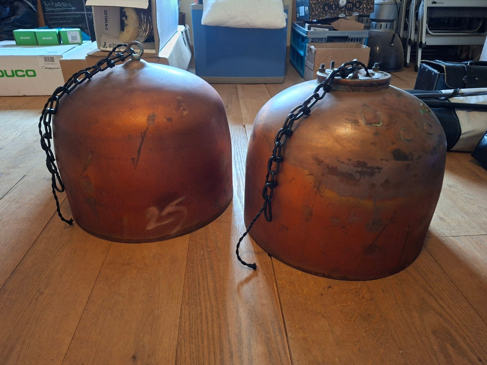 Set van 2 koperen lampenkappen - industrieel/vintage, Ophalen, 42 cm, Hanglamp, 35 cm