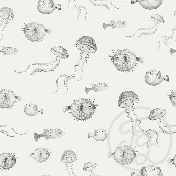 Family Fabrics Tricot katoen stof - Pufferfish vissen #3068, 120 cm of meer, Wit, Ophalen of Verzenden, Katoen