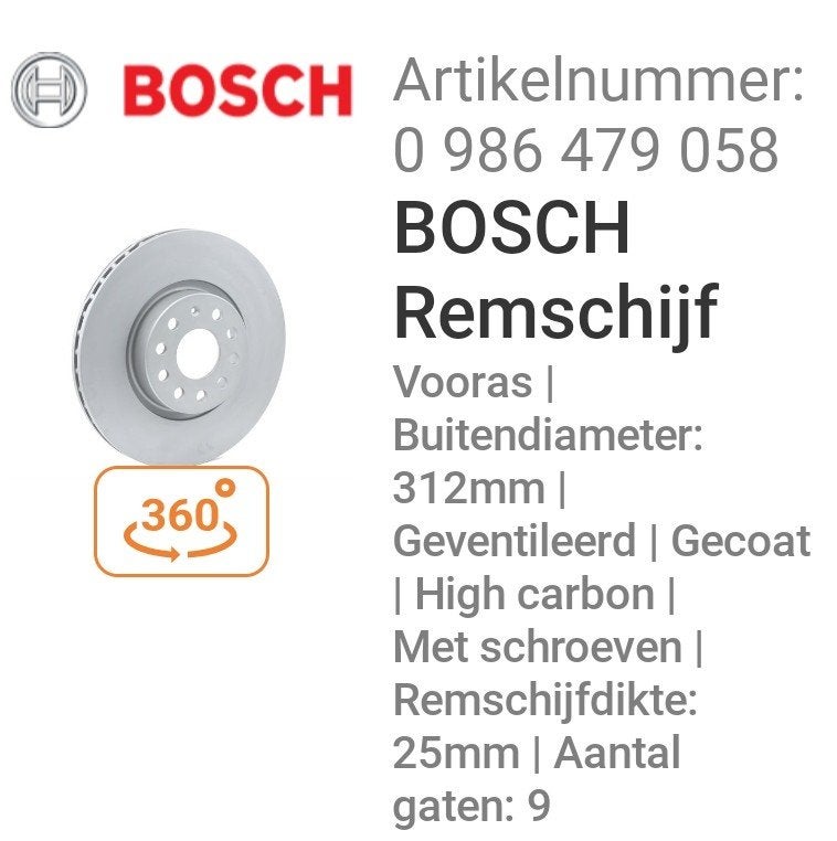 BOSCH Remschijf en Remblokken Set, Auto-onderdelen, Ophalen of Verzenden, Nieuw