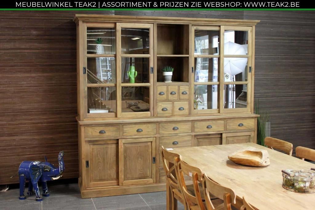 Nieuwe teak kasten - buffetkast en vitrinekast bij TEAK2, 200 cm of meer, Met klep(pen), Nieuw, Ophalen of Verzenden