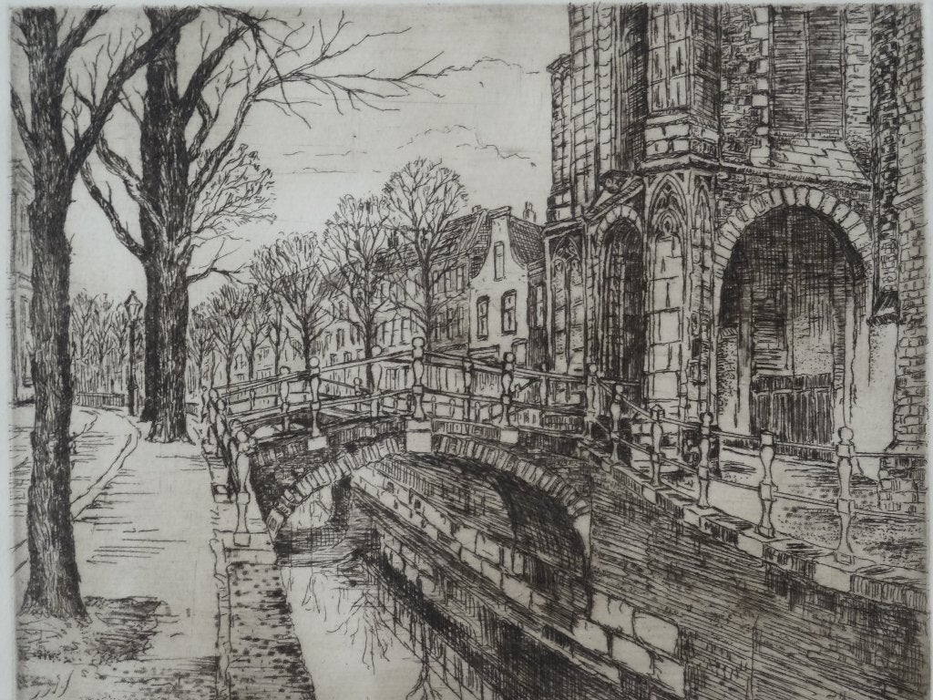 ets portiek Oude kerk gracht Delft H.W. Bremmer 1920, Ets, Stadsgezicht, Ophalen of Verzenden, Origineel