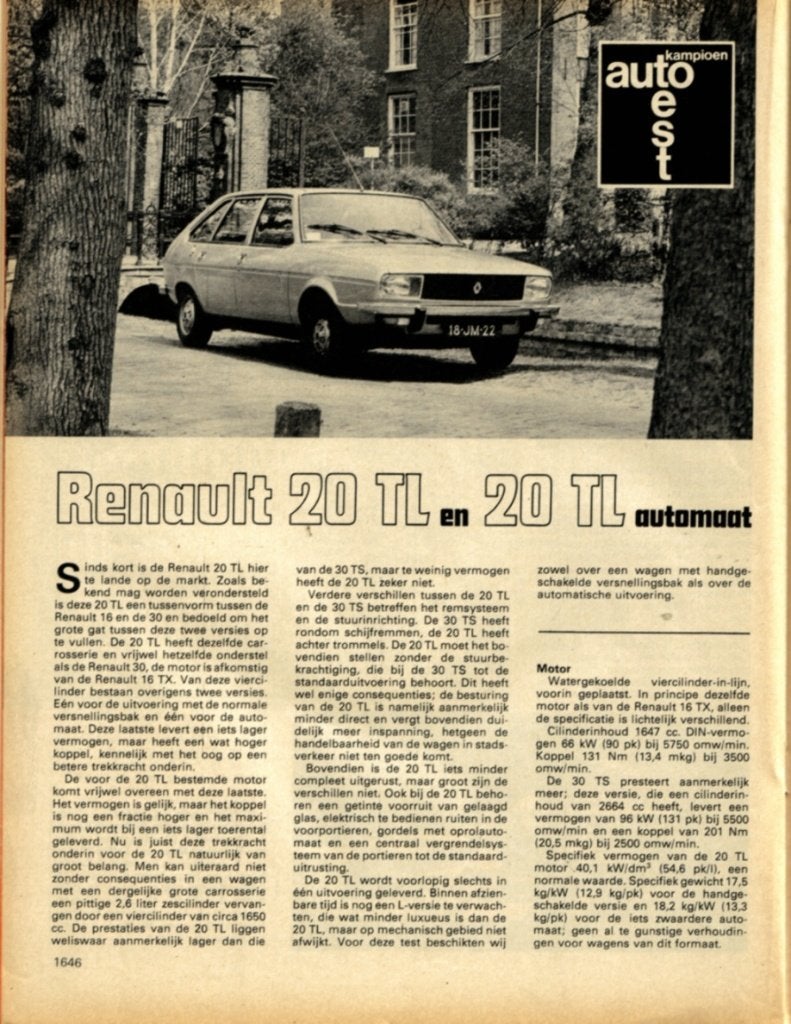 Autokampioen dubbeltest Renault 20 TL en 20 TL automaat 1976, Ophalen of Verzenden, Gelezen, Renault