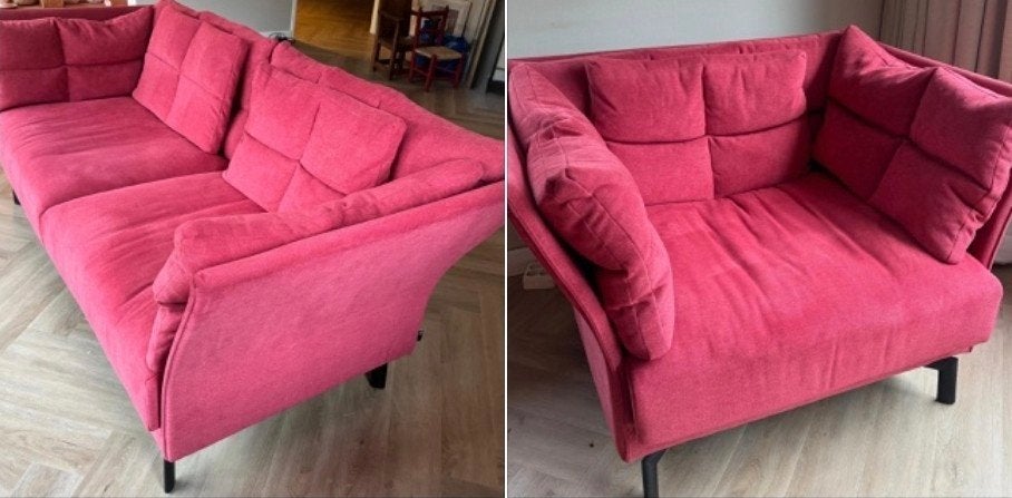 Bank én Stoel (Fuchsia) Zo goed als nieuw. Van Passe Partout, Ophalen, Zo goed als nieuw, 75 tot 100 cm, Stof