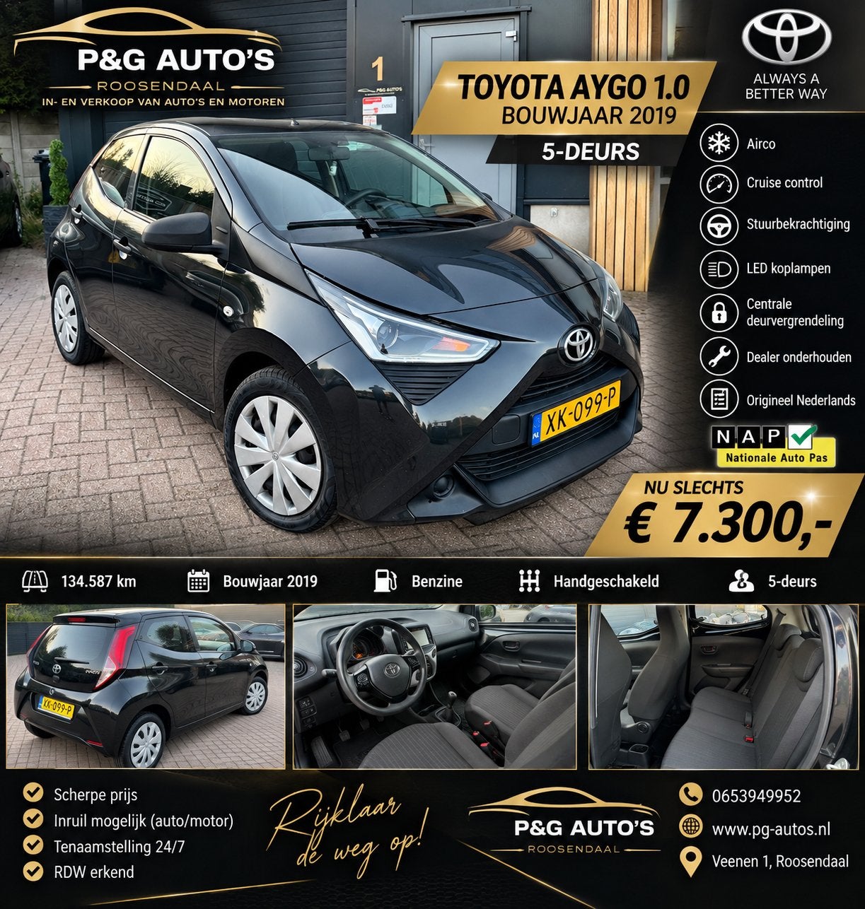 Toyota Aygo 1.0 Vvt-i 72pk 5D 2019  cruise /airco bluetooth, Voorwielaandrijving, Stof, Metallic lak, Met garantie (alle)