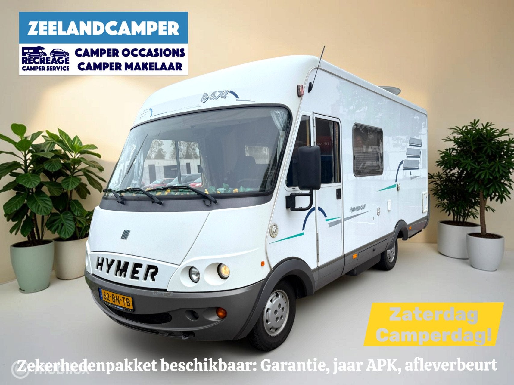 Hymer B574 – Ruime integraalcamper met vast bed én riant, Fietsendrager, 6 tot 7 meter, Bedrijf, Hymer
