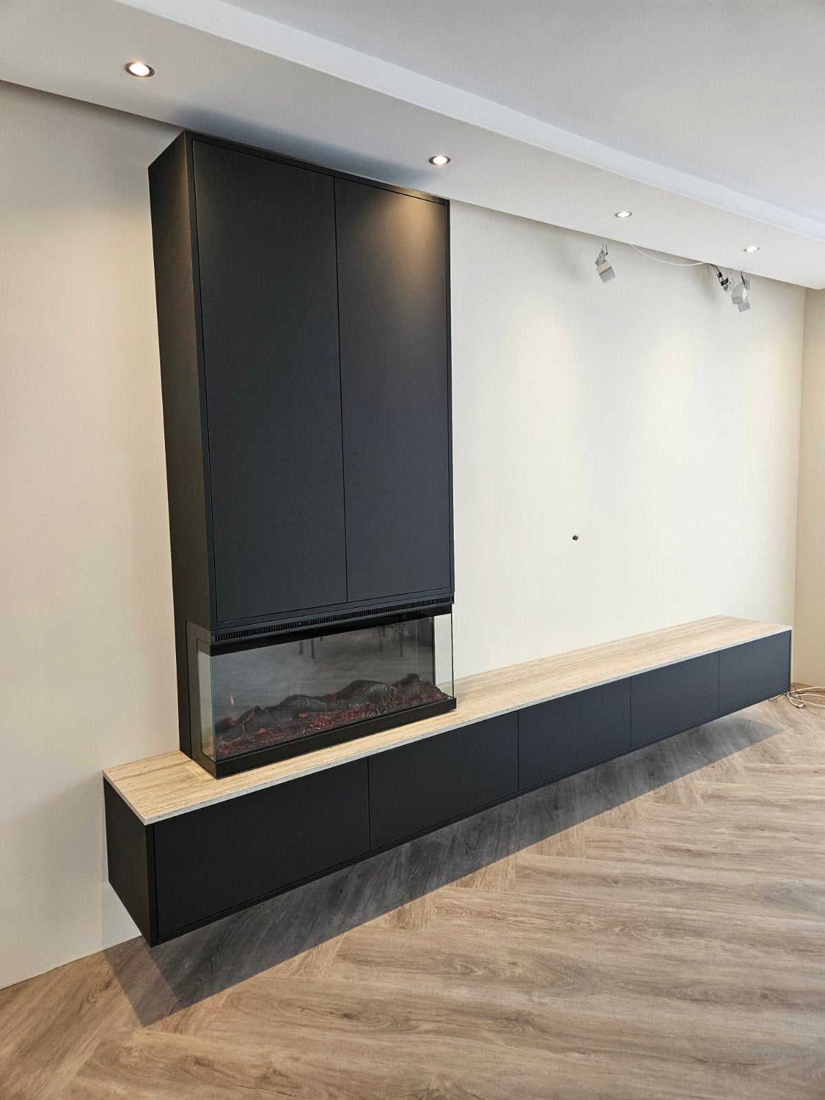 Maatwerk TV-meubel met elektrische haard, Nieuw, Ophalen of Verzenden, 200 cm of meer, Minder dan 100 cm